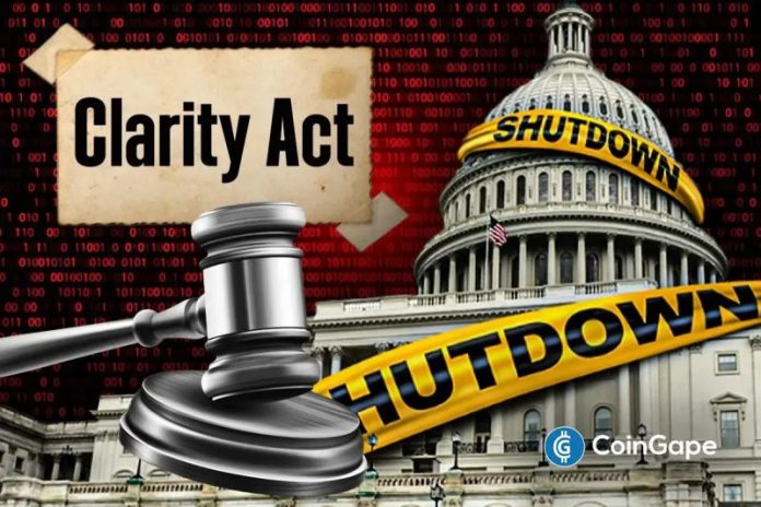 The CLARITY Act remains under consideration in Congress as prediction markets sharply increased expectations of another U.S. government shutdown. The development followed comments from President Donald Trump and comes while the CLARITY Act continues its legislative process. Govt. Shutdown Odds Rise as CLARITY Act Remains Pending Polymarket traders indicate that it is 78% certain that
The post <a href="https://coingape.com/shutdown-odds-jump-to-79-on-polymarket-amid-clarity-act-review/">U.S. Shutdown Odds Hit 78% as CLARITY Act Faces Fresh Uncertainty</a> appeared first on <a href="https://coingape.com/">CoinGape</a>.
